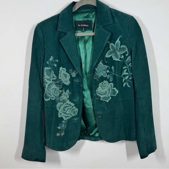 Le Chateau Y2K Green Suede Floral Embroidered Fully Lined Jacket Size XS - Picture 2 of 14